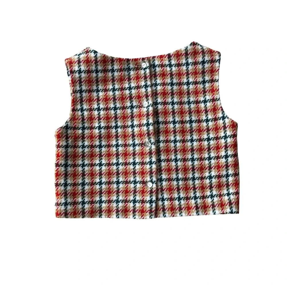 Vintage Kids Houndstooth Plaid Top‎ Red Tan Green Button Back Vest Sleeveless